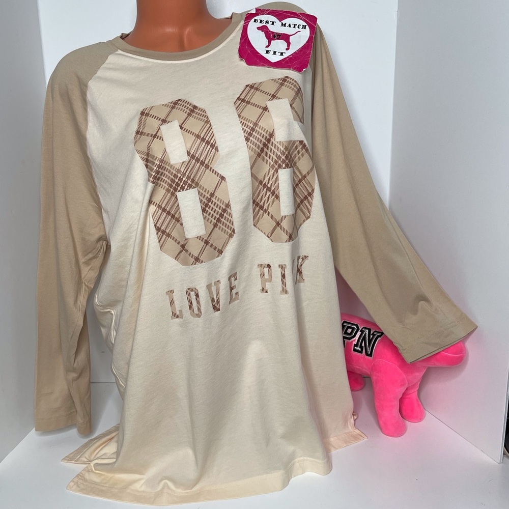 Victoria’s Secret PINK XL Logo 100% Cotton 3/4 Sleeve Tee Jersey Top Plaid Cream